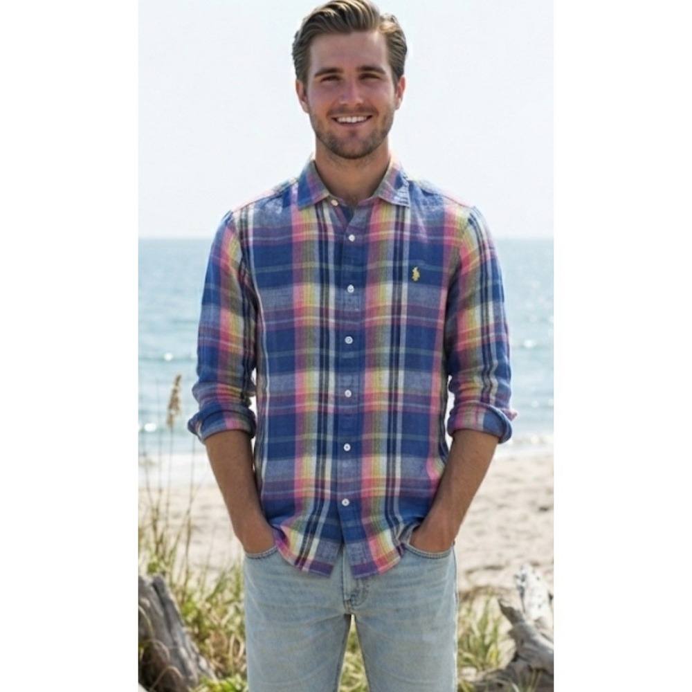 Polo Ralph Lauren Classic Fit Linen Button Up Shirt Blue Plaid Mens Sz XL